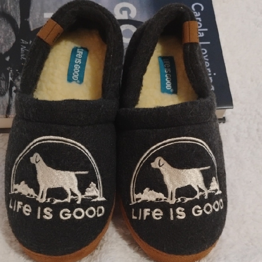 Life is Good Dog Slippers - Gray and Brown